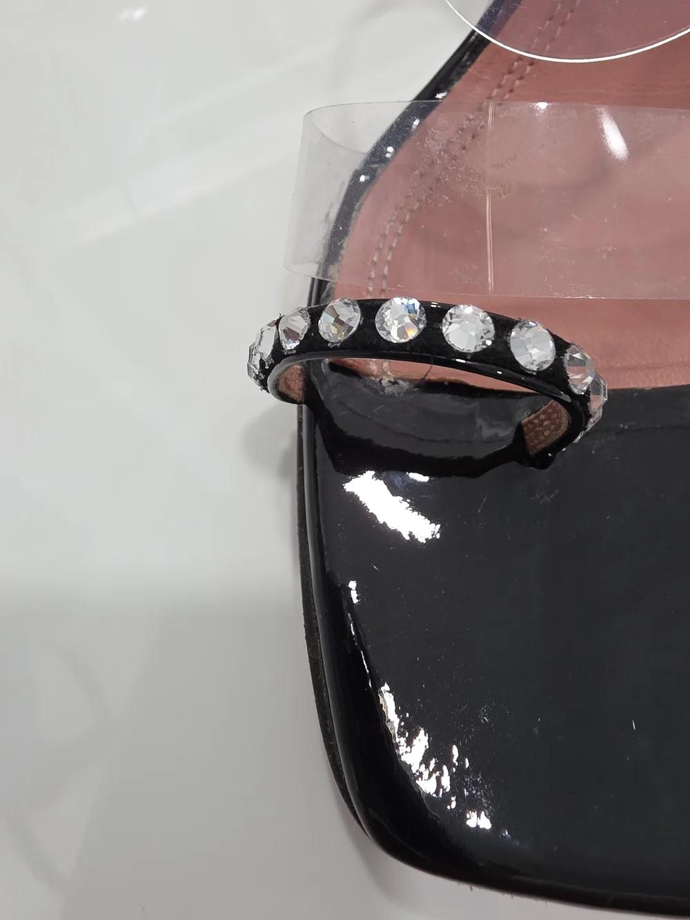 Amina Muaddi Black Patent Slide Heels with Clear Straps and Crystal Trim